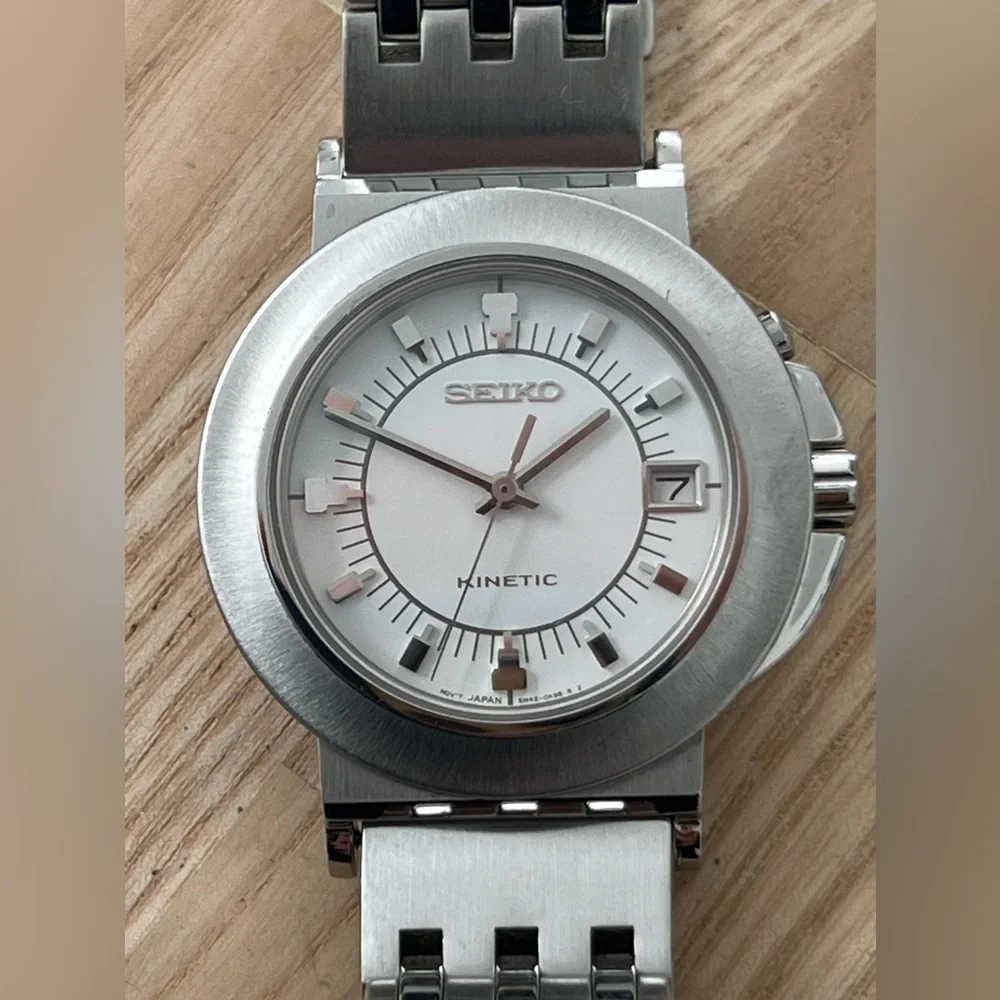 Seiko Kinetic Super Rare Automatic Watch White Dial Stainless Bracelet Dial